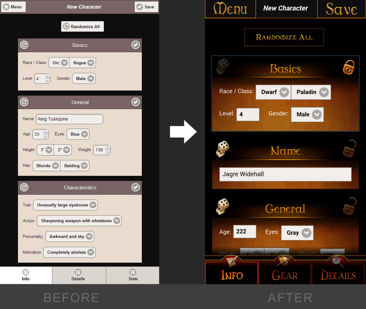 D&D NPC Creator App UI - Before and After Design